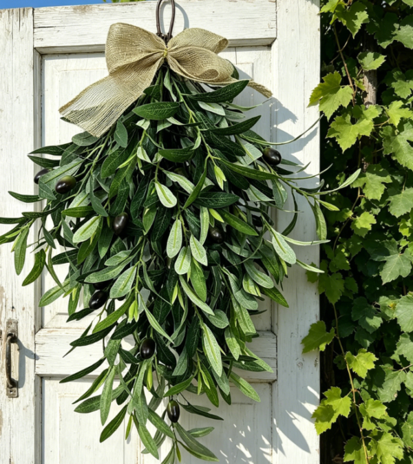 Artificial Olive Garland with Greenery Leaves, Hanging Wreath for Front Door, Farmhouse Wall or Wedding