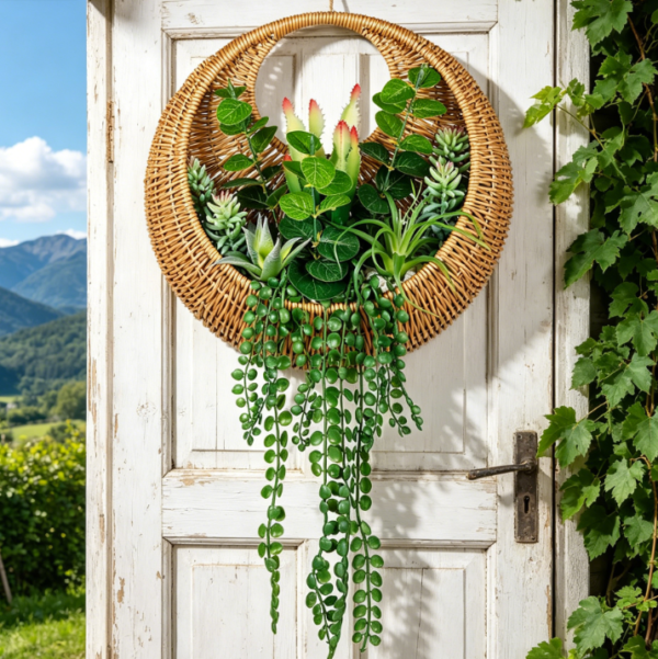 Hanging Artificial Succulent in Woven Basket, Boho Wall Decor and Door Wreath for Home or Office