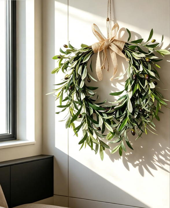 22" Heart Shaped Artificial Olive Wreath with Leaves and Fruit, Green Branches with Floral Accents, for Wall, Door or Wedding Arch