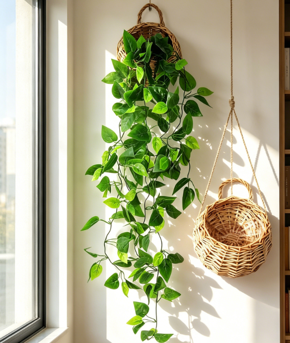 3 5ft Artificial Hanging Ivy Vine, Fake Leaves Green Chain, Indoor or Outdoor Garland with Basket